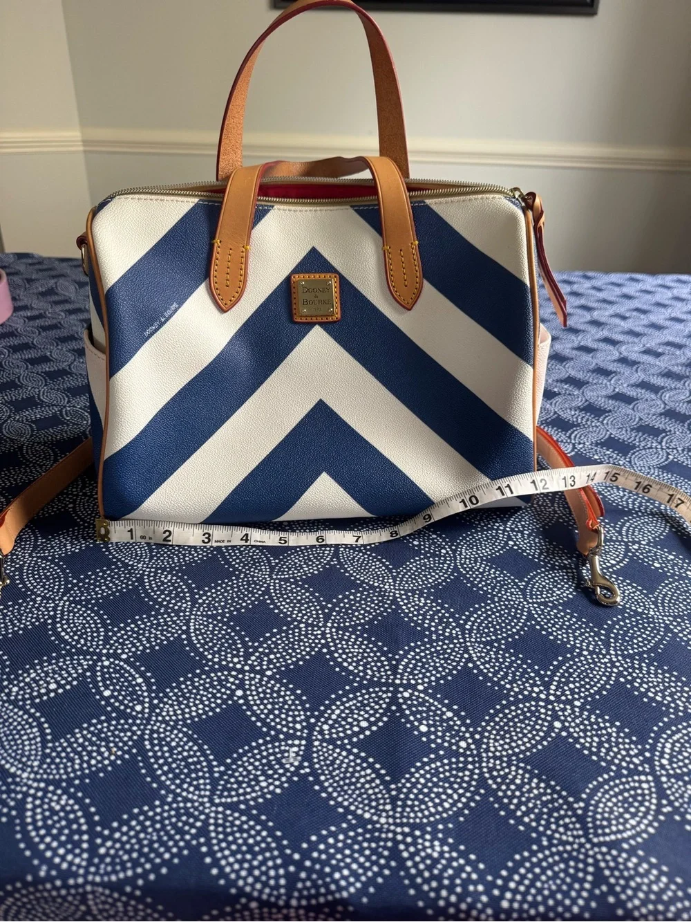 Striped Blue and White Dooney and Bourke Satchel with Tan leather Trim